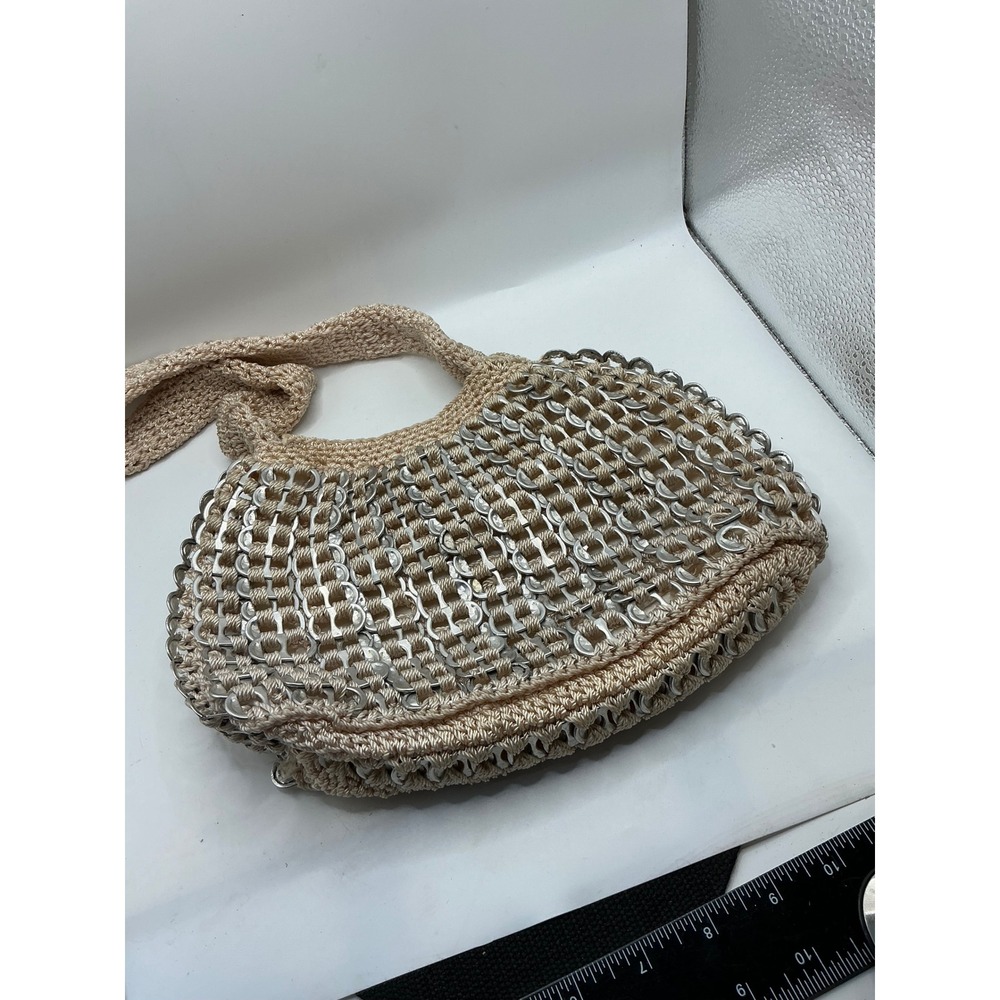 Handmade Soda Pop Tab Crochet Shoulder Bag Beige Metallic Recycled Eco Friendly - Picture 3 of 13